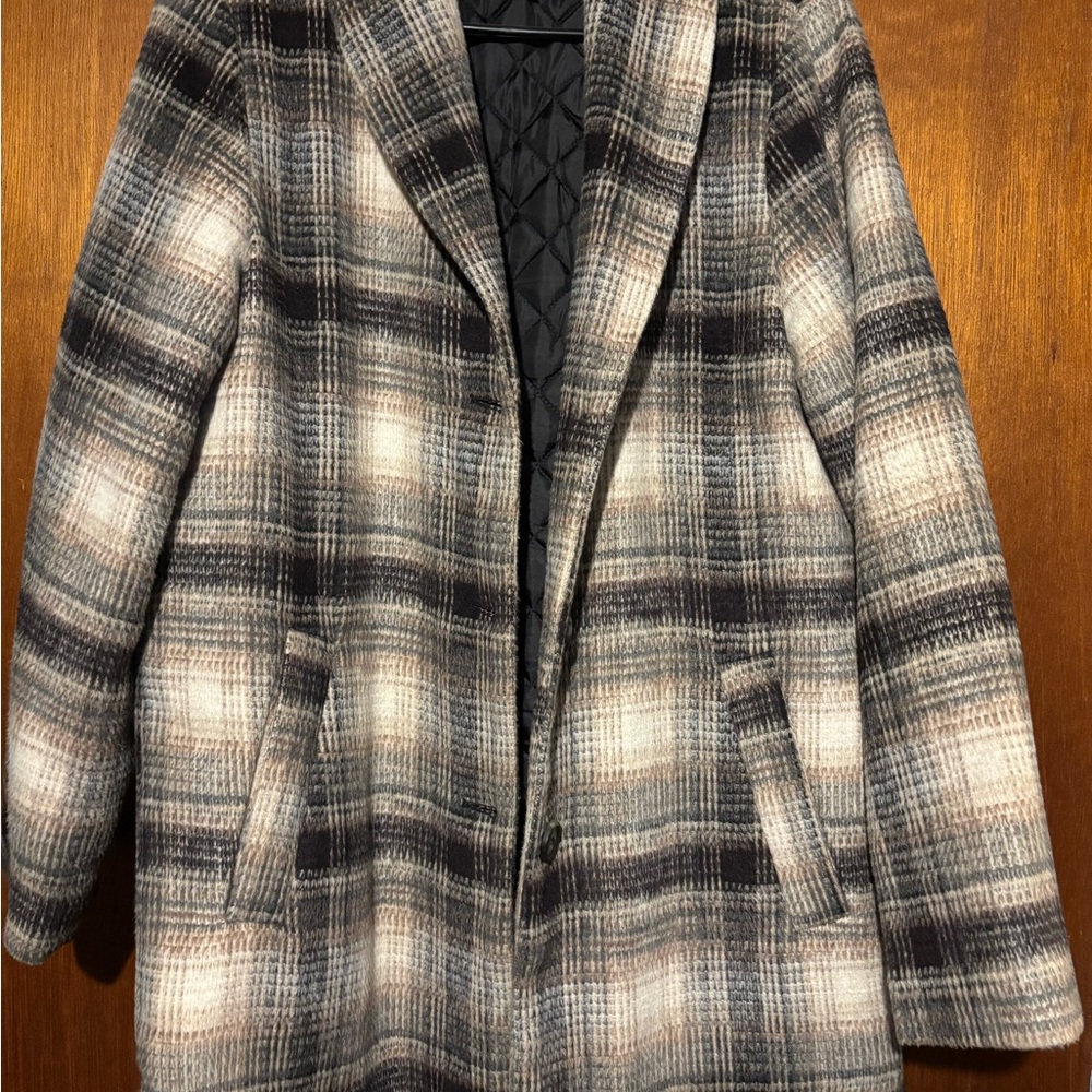 Joe Fresh Women's Plaid Pea Coat - Black and Gray